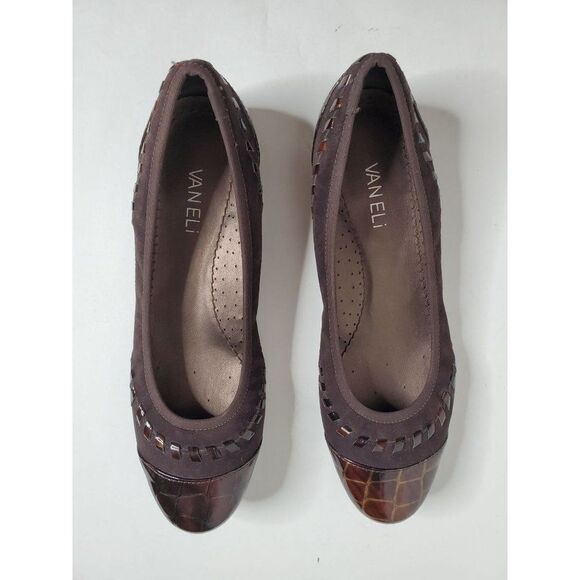 Vaneli Brown Suede and Patent Crocodile Detail Ballet Flats Narrow - Picture 2 of 7